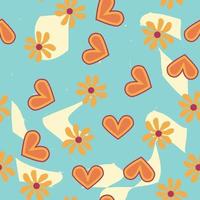 Love heart, daisies, waves of positivity retro 70s seamless pattern. Yellow, orange, red scattered heart shapes on a swirling background vector