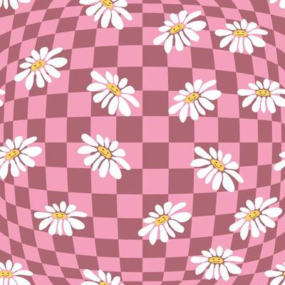 Retro Smile Chamomile Seamless Pattern on 1970 Wavy Swirl Seamless Pattern. Hippie Aesthetic.