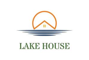 Sunset House River Lake Creek Beach for Cottage Inn or Hotel Logo Design vector