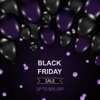 Black Friday sale banner in dark colors with balloons and confetti vector