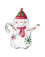 Watercolor illustrations of christmas ceramic teapot snowman in cartoon style. png