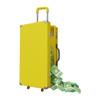 dollar banknote fall out from yellow suitcase isolated. leak money dollar concept, 3d illustration or 3d render png