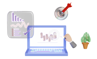 Computadora portátil 3d con teclado de cristal, gráficos, gráficos, análisis de datos financieros comerciales, objetivo, dardos, mano de hombre de negocios, lupa, marketing en línea aislado. ilustración de procesamiento 3d png