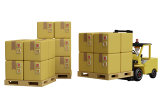 Stick man with forklift,goods cardboard box, pallet for import export isolated. logistic service concept, 3d illustration or 3d rendering
