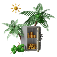 Abstract of safe box full of coins stack and gold bar with coconut tree or palm, business banking concept, 3d illustration or 3d rendering png