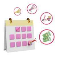 date du calendrier avec scooter de livraison, graphiques et graphique, mégaphone, billet de banque, cible, fléchettes isolées. analyse des données financières d'entreprise ou concept de rendez-vous, illustration 3d ou rendu 3d png