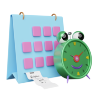 cartoon character alarm clock wake-up time morning with calendar, invoice or paper check receipt isolated. concept 3d illustration or 3d render png