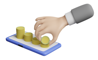 3d karaktär affärsman händer innehav mynt med mobil telefon eller smartphone, lugg staplade mynt isolerat. uppkopplad handla, sparande pengar, företag tillväxt begrepp, 3d framställa illustration png