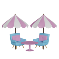 coffee table with pink umbrella or parasol, sofa chair isolated. 3d illustration or 3d render png