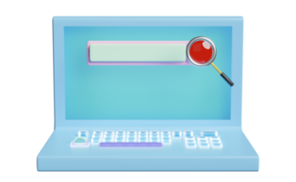 3D-Laptop-Computermonitor mit Kristalltastatur, leerer Suchleiste, Lupe isoliert. Minimale Web-Suchmaschine oder Web-Browsing-Konzept, 3D-Darstellung png