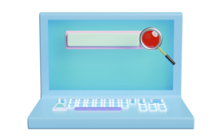 3d laptop computer monitor with crystal keyboard, blank search bar, magnifying glass isolated. minimal web search engine or web browsing concept, 3d render illustration png
