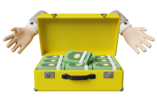 pila de billetes de dólar en una maleta amarilla con las manos de un hombre de negocios de personaje de dibujos animados aisladas. concepto de inversión o financiación empresarial, ilustración 3d o presentación 3d png