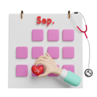 Calendar date with cartoon doctor hands holding red heart and blood pressure heart rate, stethoscope isolated. world heart day concept, 3d illustration or 3d render png