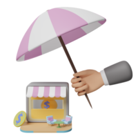zeichentrickfigur geschäftsmann hände halten regenschirm mit geschäftsfront, couchtisch, münze, geldsack isoliert. schützen sie das startup-franchise-geschäftskonzept, 3d-illustration oder 3d-rendering png