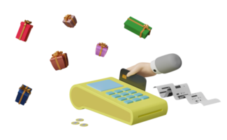 máquina de pago o terminal pos con mano de hombre de negocios con tarjeta de crédito, pago de facturas electrónicas, factura o recibo de cheque en papel, caja de regalo aislada. ilustración 3d o renderizado 3d png