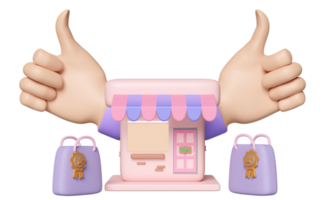 Boutique 3d ou devanture de magasin avec pouces vers le haut isolés. franchise de démarrage, concept de magasinage en ligne, illustration 3d ou rendu 3d png