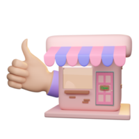 Boutique 3d ou devanture de magasin avec pouces vers le haut isolés. franchise de démarrage, concept de magasinage en ligne, illustration 3d ou rendu 3d png