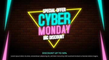 Cyber Monday sale background with neon text on a brick wall vector