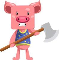 Pig with axe, illustration, vector on white background.