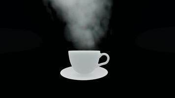 Animación de video de taza de café caliente con humo evaporado y fondo negro