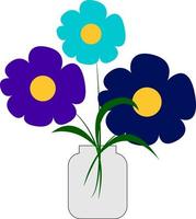 Flores de color azul en un jarrón, ilustración, vector sobre fondo blanco.