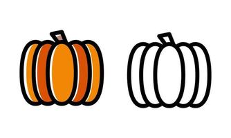 Set of fresh pumpkin in colorful and monochrome line art style. Natural vegetable with design elements isolated background. Cute vegetarian healthy food. Vector illustration