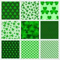 Green clover leaves seamless patterns set. Abstract geometric backgrounds. Seamless vector patterns collection. Vector illustration