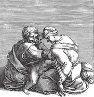 Man and Woman with Two Children, Adamo Scultori, after Michelangelo, 1585, vintage illustration. vector