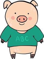 Pig in a green shirt , illustration, vector on white background