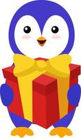 Penguin with birthday present, illustration, vector on white background.