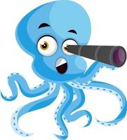 Octopus with telescope, illustration, vector on white background.