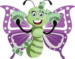 Butterfly with money, illustration, vector on white background.