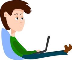 Boy with laptop, illustration, vector on white background.