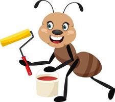 Ant with paint brush, illustrator, vector on white background.
