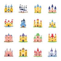 paquete de iconos planos de edificios del castillo vector