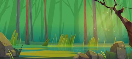 estanque de bosque de dibujos animados o fondo de pantano, madera profunda