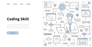 Coding skill doodle landing page with programmer vector