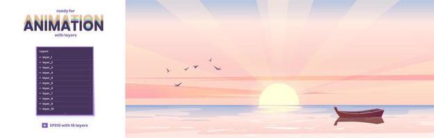 Parallax background with boat in sea at sunrise vector