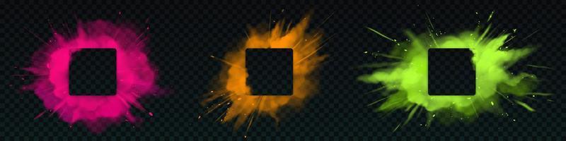 Paints explosion square frames, powder clouds vector