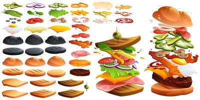 hamburguesa voladora y sándwich e ingredientes vector