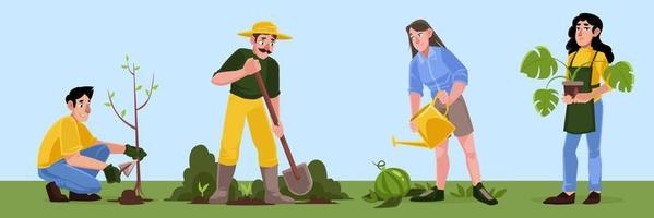 People work in garden, plant and watering vector