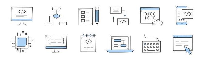 Coding and programming doodle icons vector set