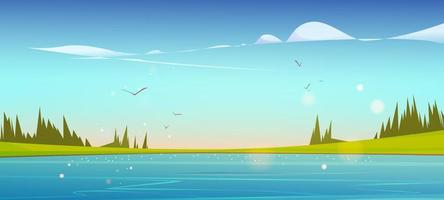 Lake, green grass and coniferous trees vector