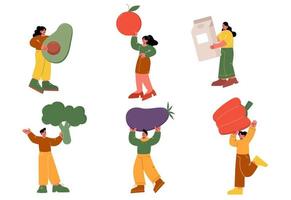 pequeños personajes con enormes frutas, verduras