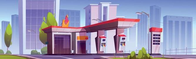 Gas station with oil pump and market in city vector