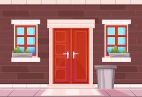 fachada de casa con pared de ladrillo, puerta roja, ventanas vector