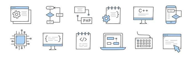 Coding and programming doodle icons vector set