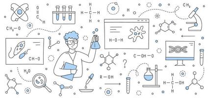 Man scientist, science research equipment vector