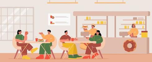 Fast food restaurant with sitting people, waitress vector