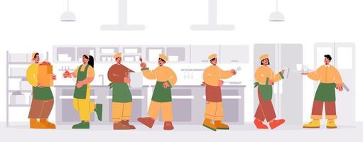 Restaurant kitchen with chef, workers and waiter vector